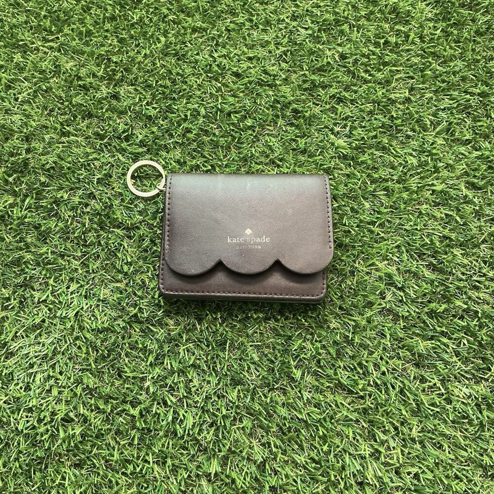 Kate Spade New York Brown Scallop Keychain Wallet ID Card Holder Pink Interior